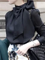 Femmes printemps été Style chemisiers en mousseline de soie chemises dame Casaul à manches longues blanc noir noeud papillon col haut Blusas 2