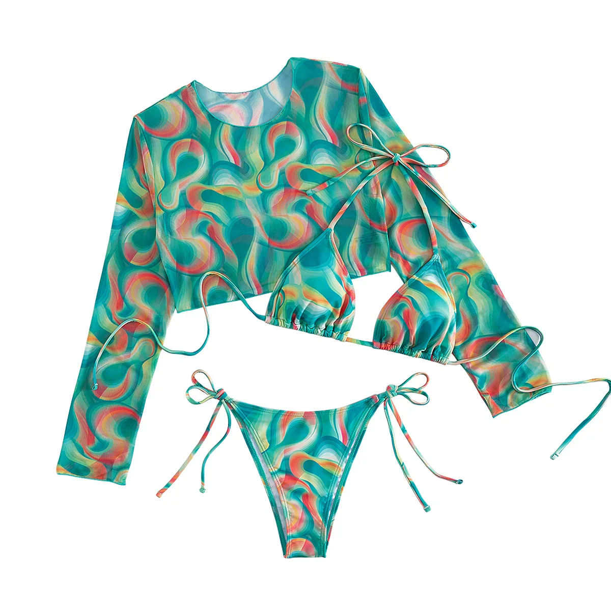 Women Tie-Front Bikini Set Long Sleeve Cover Up & High Waist Panties Sexy 3-Piece Slimming Swimwear Summer Holiday Beachwear New