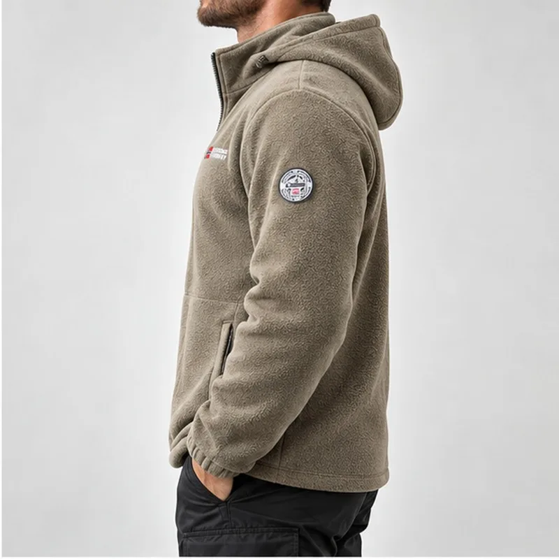 Men's Hooded Fleece Jacket Full Zip Thick Long Sleeve Side Hand Pockets Elastic Cuffs Regular Fit Stretch Casual Outerwear