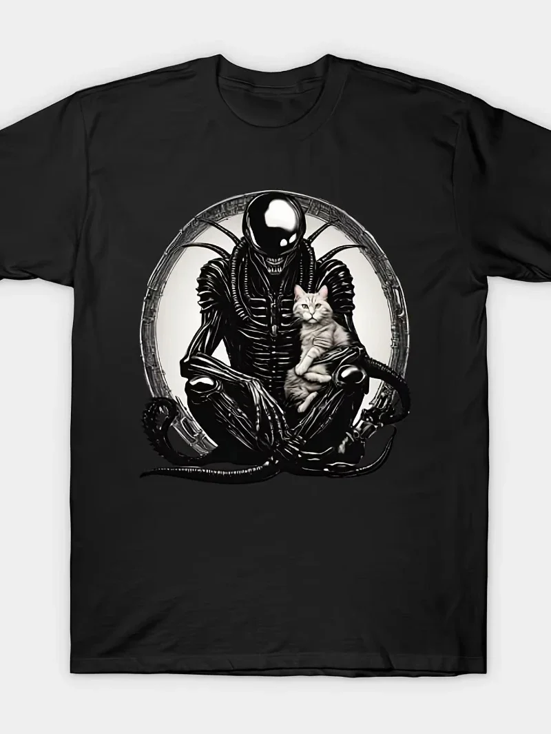 Men's Alien and Cat Print T-Shirt  Cotton Casual Streetwear T-Shirt with Sci-Fi Alien Creature Design Summer Streetwear