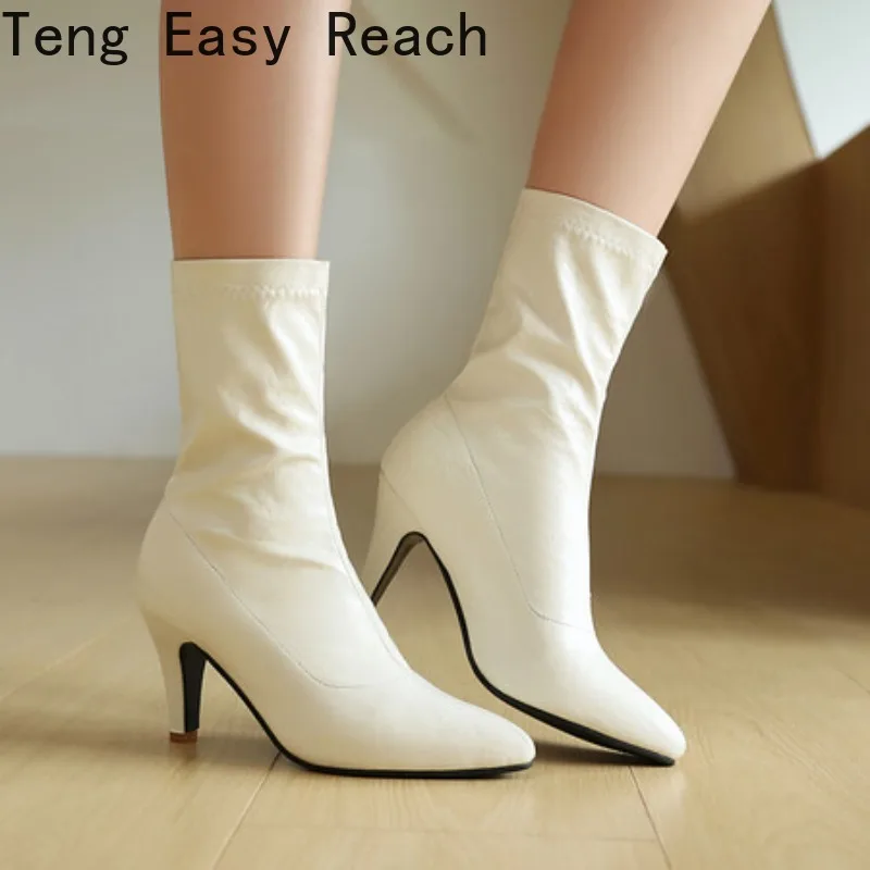 

Осенне-зимние ботильоны 2025, женские эластичные ботинки на высоком каблуке, французские, белые, черные, с острым носком, на шпильке, голые ботинки, большой размер 34-47