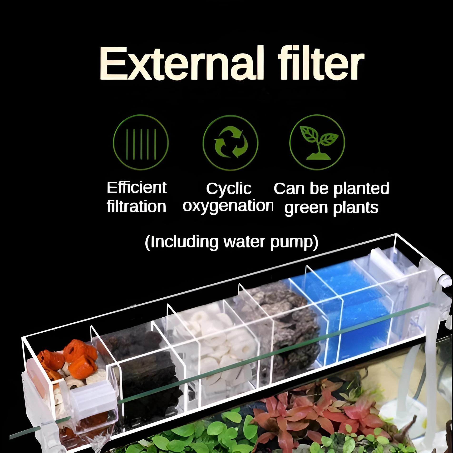 

External Waterfall Filter with Multi-Stage Media & Pump - 3-in-1 Oxygenation for Fish Tank