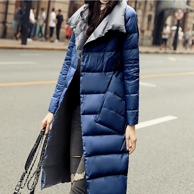 Abrigo de plumón de pato de doble cara para mujer, Chaqueta larga cálida con cuello levantado, de doble botonadura Parka, ropa de exterior, Abrigo
