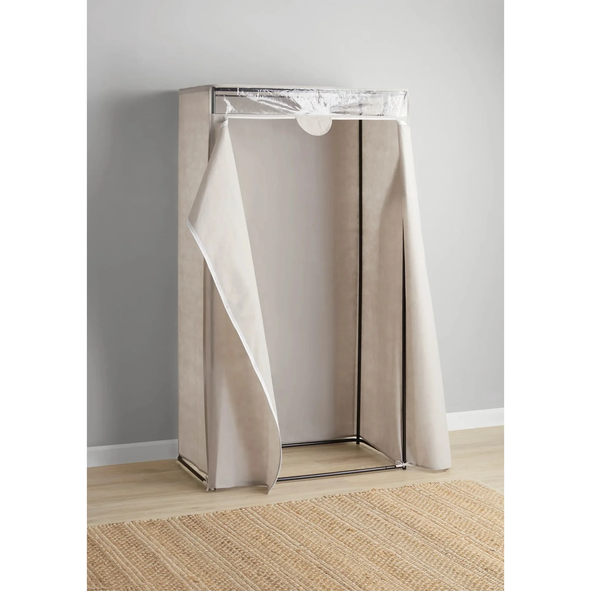 単層洋服クローゼット、36 インチ、グレー軽石。 スチールフレーム、ジッパー付きカバー。 寝室用、省スペース、組み立て簡単。