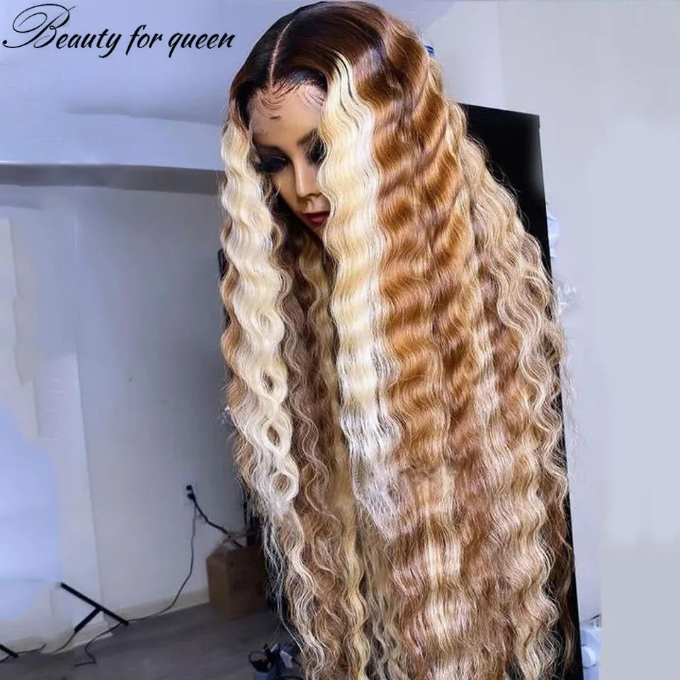 Perruque Lace Front Wig Deep Wave Naturelle, Cheveux Humains, Couleur Blond Miel Ombré #4/27, 13x4, Densité 180%, pour Femme