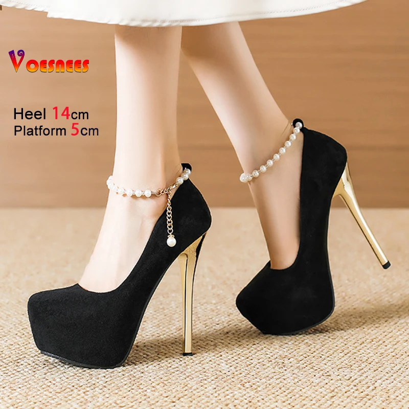 

Женские замшевые туфли на очень каблуке 14 см, весенне-осенние одинарные туфли с жемчугом на щиколотке, универсальная женская обувь, банкетные туфли-лодочки на платформе 5 см