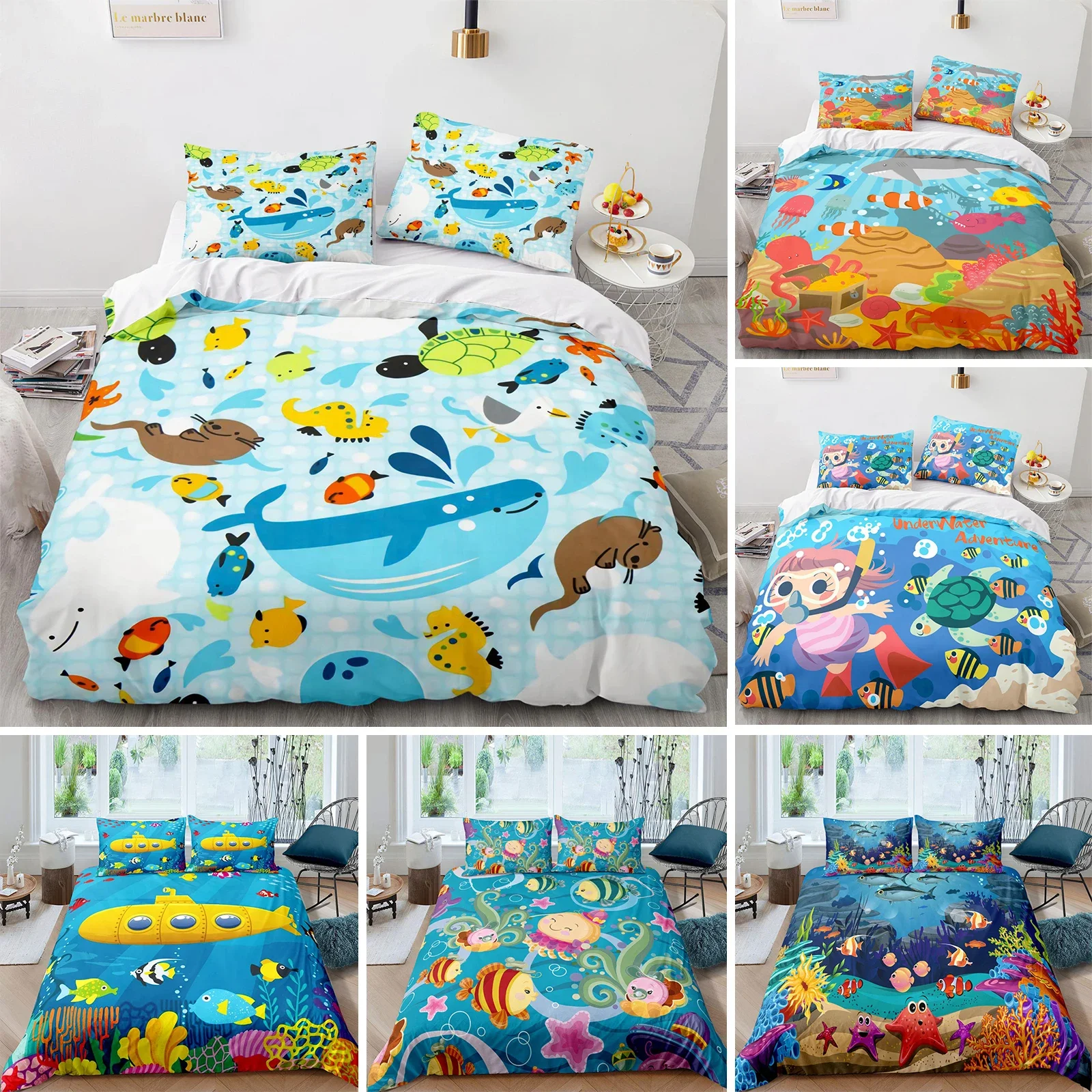 

Cartoon Octopus Bedding Set King/Queen Size,Ocean Underwater World Duvet Cover Kids Sea Coral Fish 2/3pcs Polyester Quilt Cover