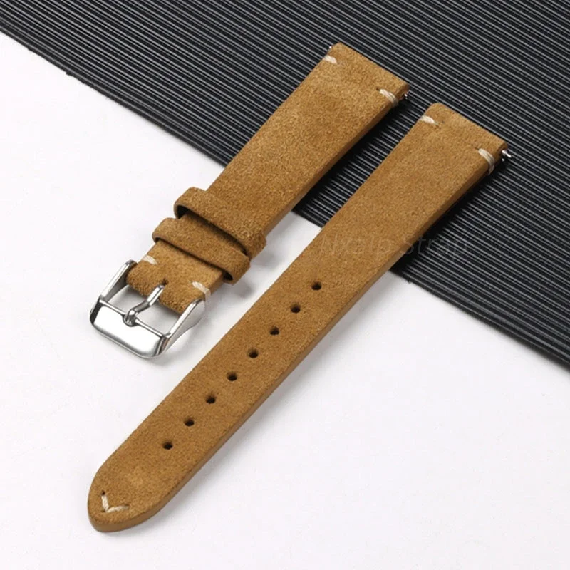 Vintage Suede Cowhide Strap 14mm 16mm 18mm 20mm 22mm Soft Genuine Leather Watch Band Quick Release Handmade Stitching Wristband