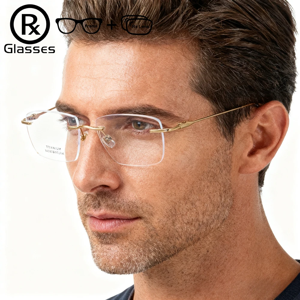 

Custom Prescription Glasses Women Men Titanium Rimless Frame Photochromic Anti-Blue Light Myopia Hyperopia Lenses
