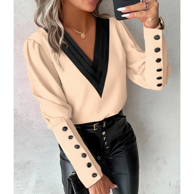 Elegant Offce Lady Blouses For Women Autumn Fashion V Neck Solid Color Long Sleeve Button Up Women's Shirt Top 2024 White Blouse