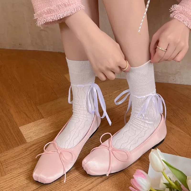 Premium Feel Elegant Kawaii Socks Ballet Style Ribbon Bowknot Bandage Socks Lolita Lovely Butterfly Black White Breathable Socks