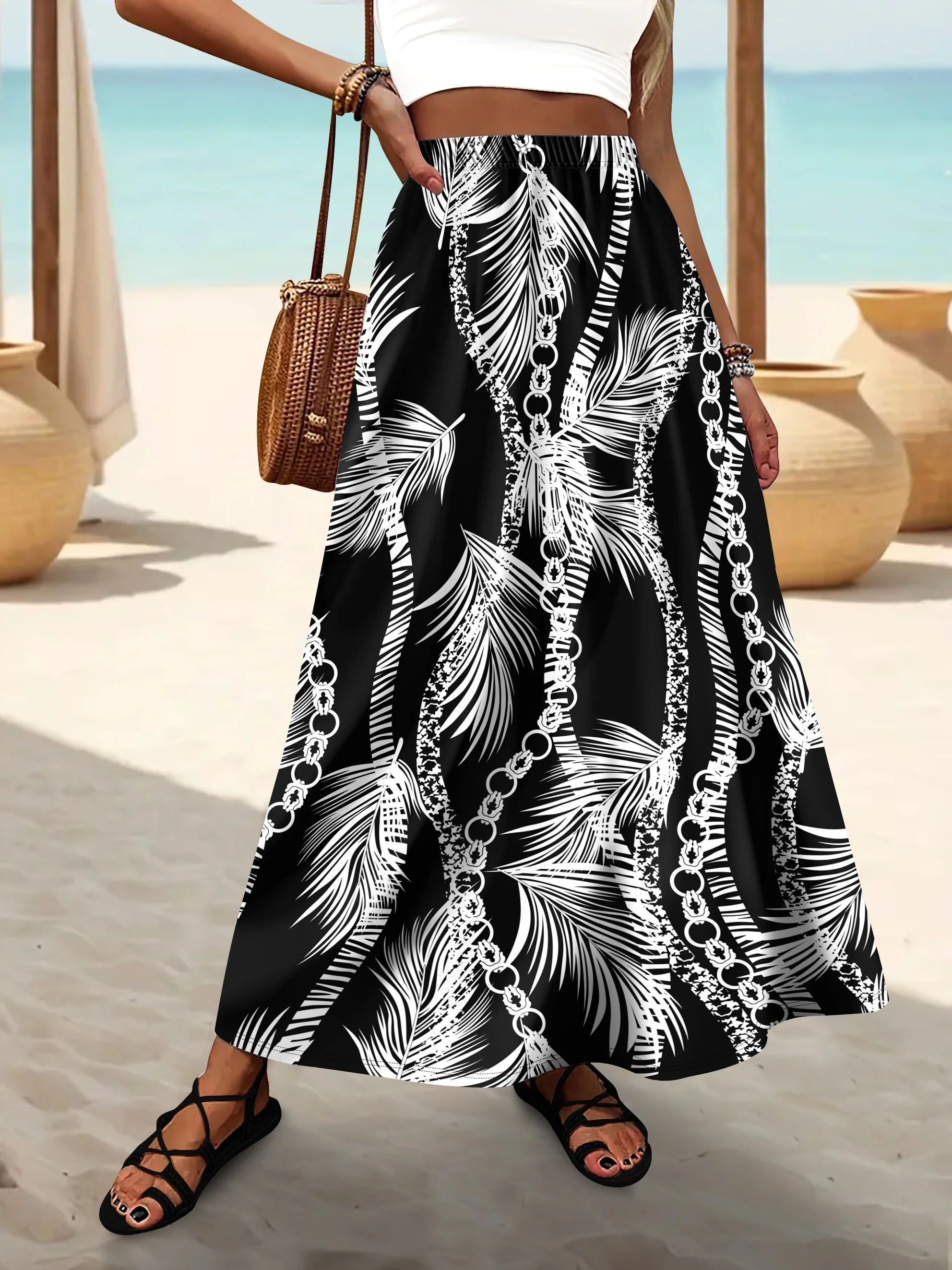 

Women's Black White Feather & Chain Print High-Waist Elastic A-Line Beach Maxi Skirt