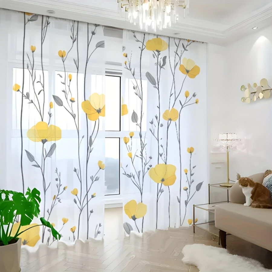 2PCS Digital Print Sheer Curtains, Gray Branch Yellow Flowers, Muted Autumn Botanical for Bedroom Living Room Home Decor