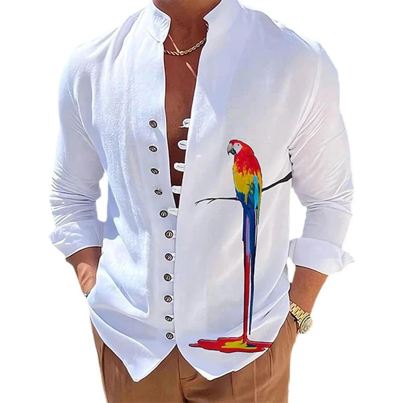 Men Fashion Shirts Parrot 3D Printed Shirt Male Casual Long Sleeve Standing Collar Tops Spring And Autumn Daily Outdoor Camisas