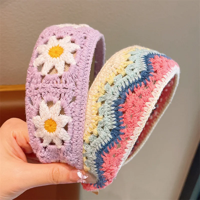 4 Pcs Crochet Wide Headbands For Women Cute Flower Daisy Cherry Rainbow Knitted Hair Bands No Slip Sweet Hair Accessories For