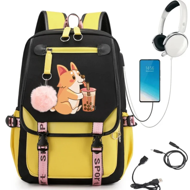 Anime Cartoon Mochila para Estudantes Universitários, Bonito Laptop Bag, Kawaii Book Bag, Laptop Bag, Corgi, Boba, na moda, Novo