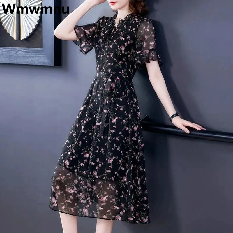 

Chiffon Floral Print Women Midi Dress Short/Long Sleeve Oversized Elbise Boho Casual Summer Dresses Loose Elegant Vestidos