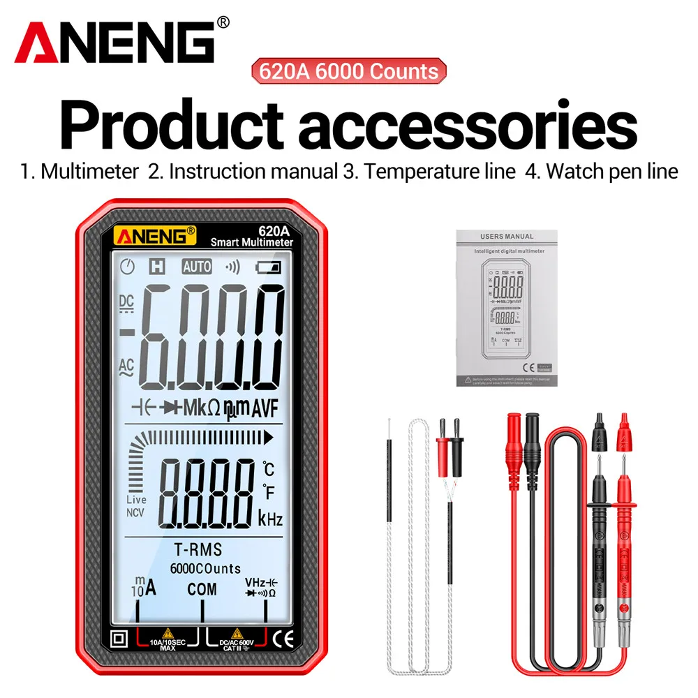 

Мультиметр ANENG 620A, 6000 измерений, измерение переменного/постоянного напряжения и тока, тестер 10А, проверка нулевой и фазовой линий, измерение сопротивления, емкости, диодов, мультиметр-тестер