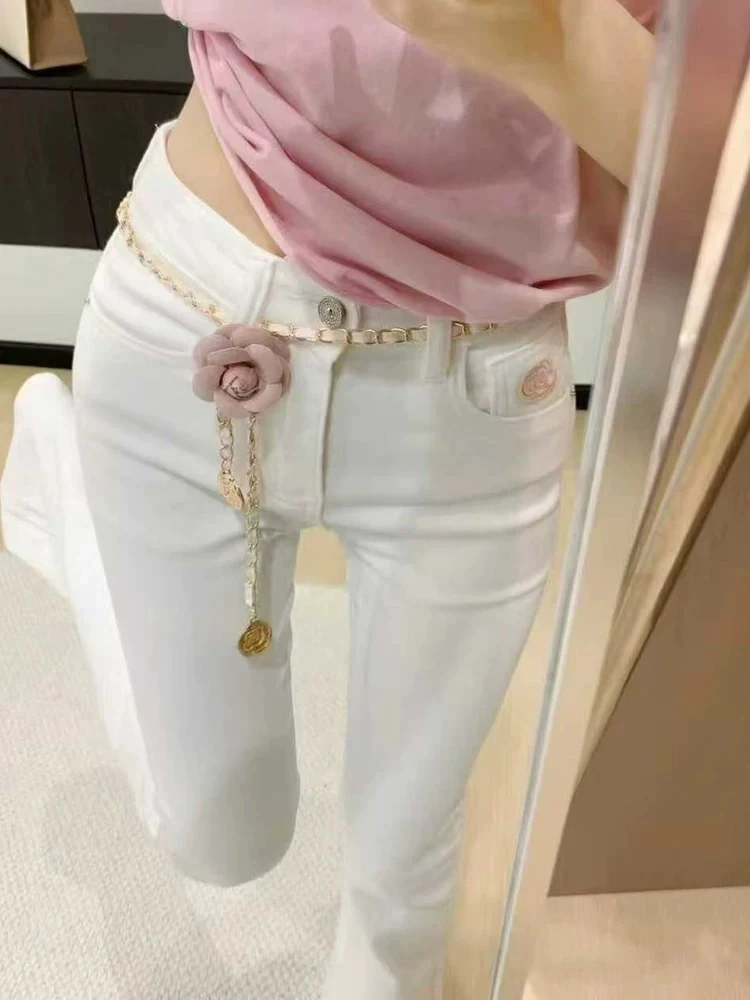 Y2K الجينز الأبيض النساء عالية الخصر سليم صالح مستقيم الساق طفيف مضيئة أزياء الخريف القصيرة #4