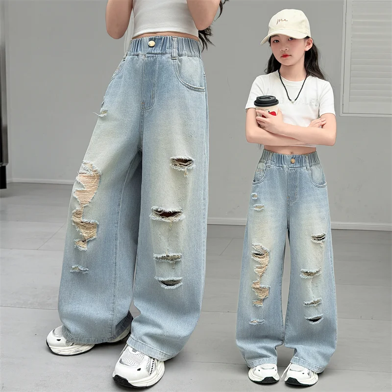 Summer Big Girls Jeans Casual Loose Ripped Hole Young Children Wide Leg Pants 8 10 12 13 14 Years Teen School Kids Thin Trousers