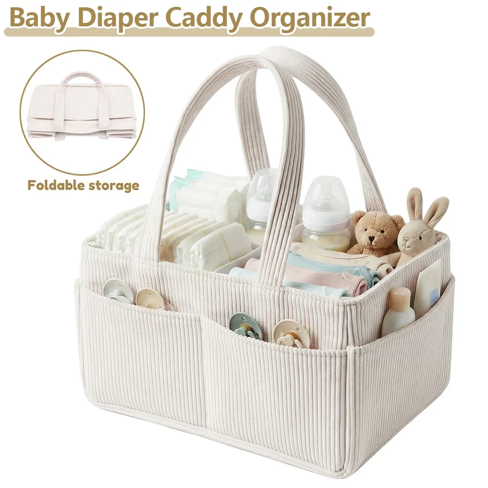 Baby Diaper Caddy Organizer Corduroy Diaper Storage Basket with Handle Foldable Multi-pocket Newborn Nappy Storage Organizer