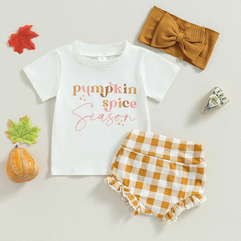 Toddler Girls Halloween Outfit Black Long Sleeve Pumpkin Print Tops and Orange Shorts Headband Sets for Fall Party