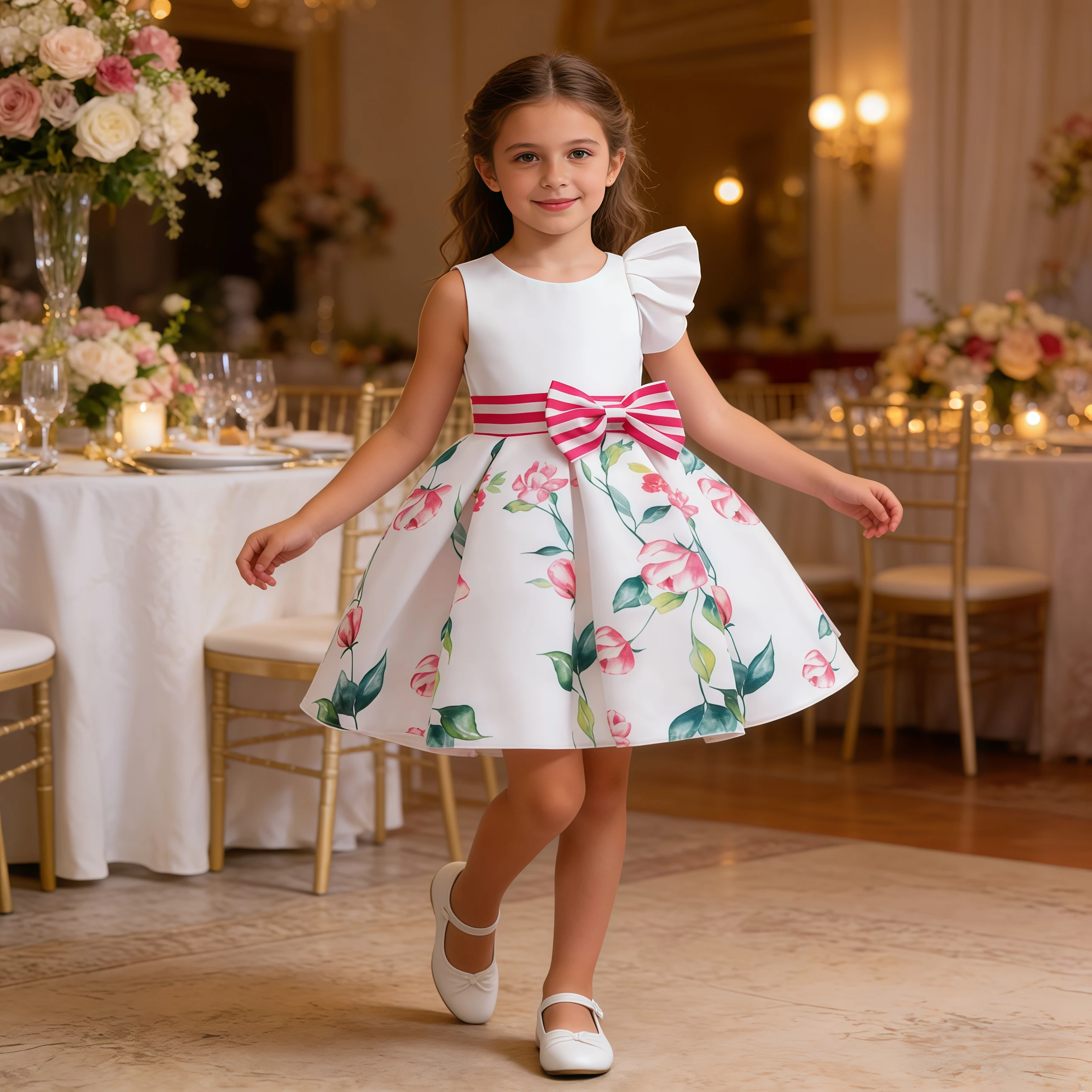 

Elegant Dress For Girls Flower Print Striped Bow Princess Dress For Kids Birthday Party Wedding Bridesmaid Formal Evening Gown