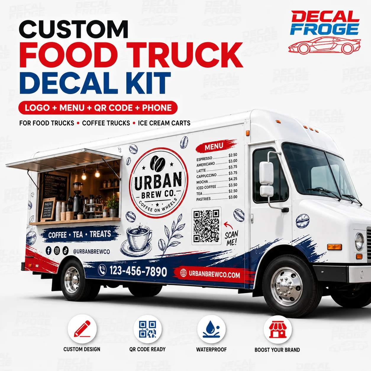 

Custom Food Truck Business Decal Kit Logo Menu QR Code Vehicle Sticker for Ice Cream Cart Coffee Truck Trailer