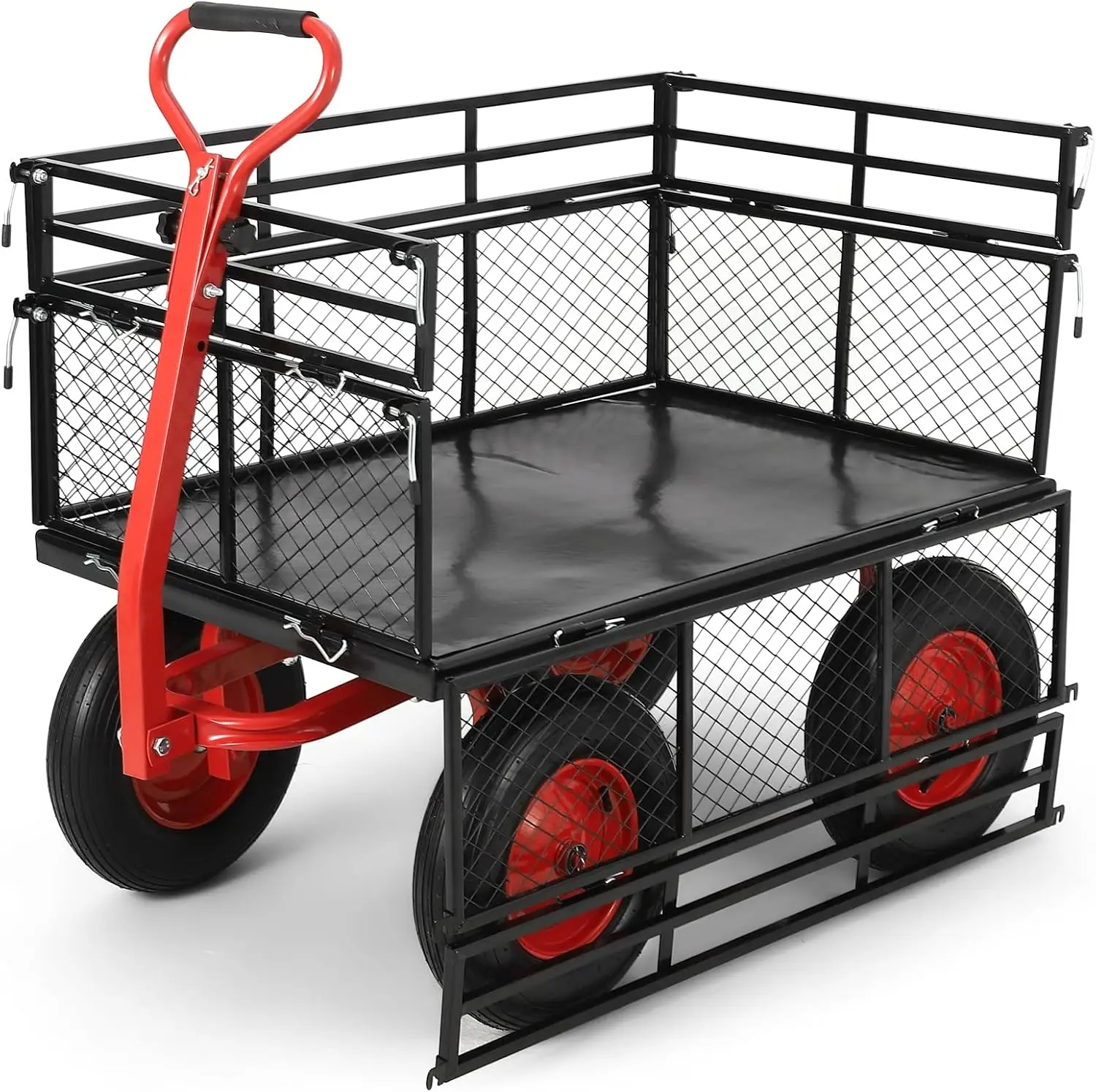 1,400 lb Steel Garden Cart, Heavy-Duty Yard & Garden Wagon with Removable Mesh Sides, Utility Metal Wagon Converts to Flatbed with 2-in-1 Rotating Handle, 16