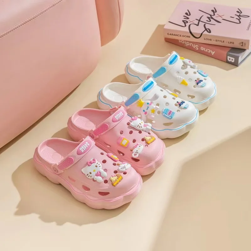 Kawaii Lolita Sanrio Hello Kitty jaskiniowe buty damskie letnie sandały na grubym obcasie Kuromi Cinnamoroll kapcie na co dzień damskie