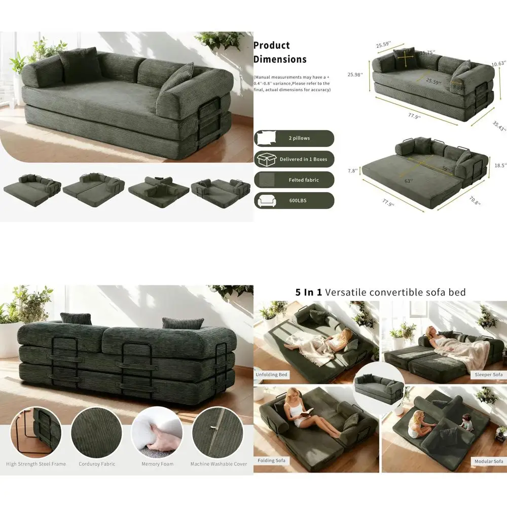 Диван-кровать-раскладушка 5-в-1, складной диван-кровать, железный каркас, пена высокой плотности, вельветовая обивка, компактная мебель