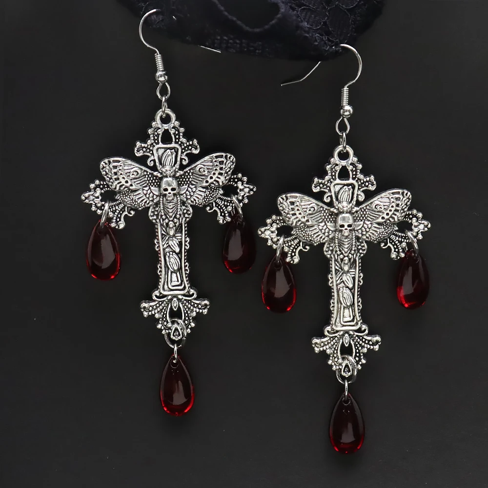 Skull Moth Cross Drop Earrings Gothic Red Teardrop Crystal Dangle Earrings Vampire Halloween Earrings For Women