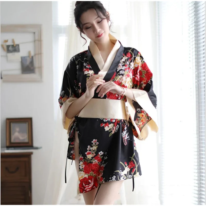 Abito yukata sexy in raso allentato corto in stile giapponese per pigiama da donna kimono floreale orientale haori camicia da notte qipao cinese