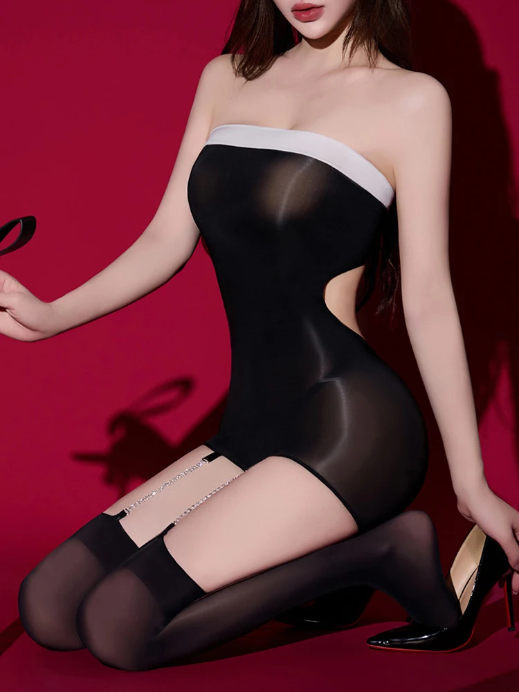 Kombinezon damski bez ramiączek, z odkrytymi plecami, łańcuszkiem, połączone z pończochami, ultracienki, błyszczący, prześwitujący, idealny do klubu nocnego i tańca.