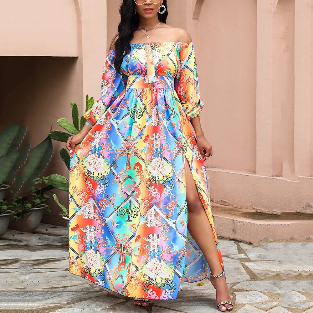 2025 printemps nouveauté v-ne longue Sve imprimé Dr transfrontalier Vintage jambe large fente Maxi jupe trajet Sle Polyester