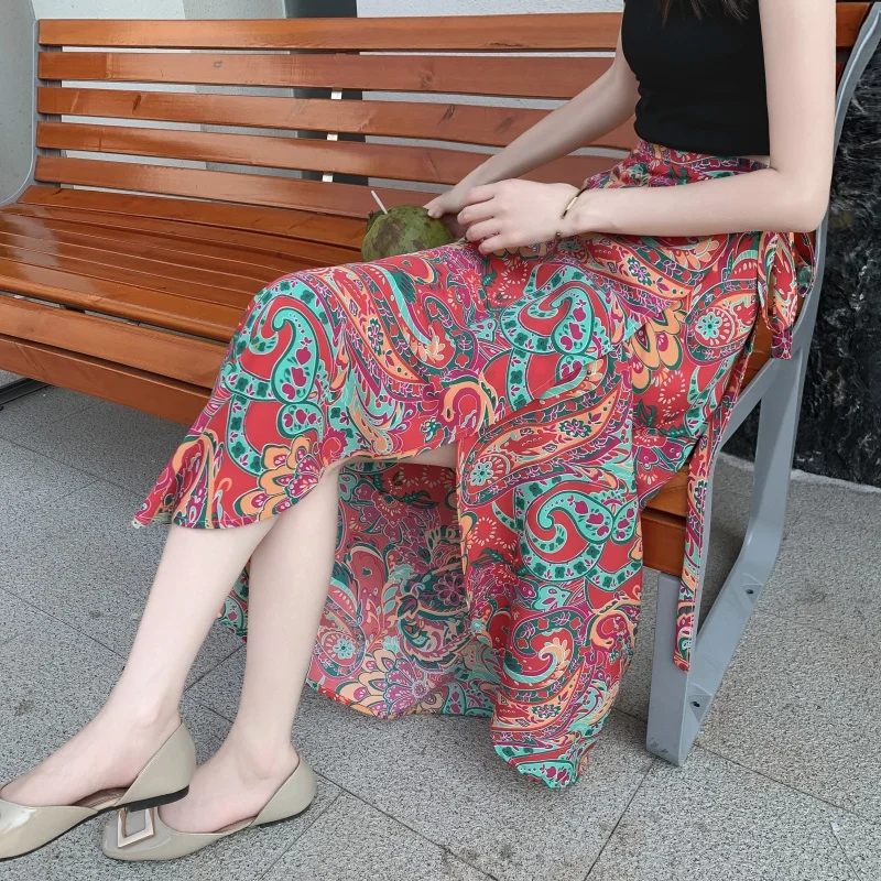Travel Ethnic Print Beach Skirt with Belted Apron Sun Protection Half-length Dance Wrap Skirt for Women High-waisted Slim-fit