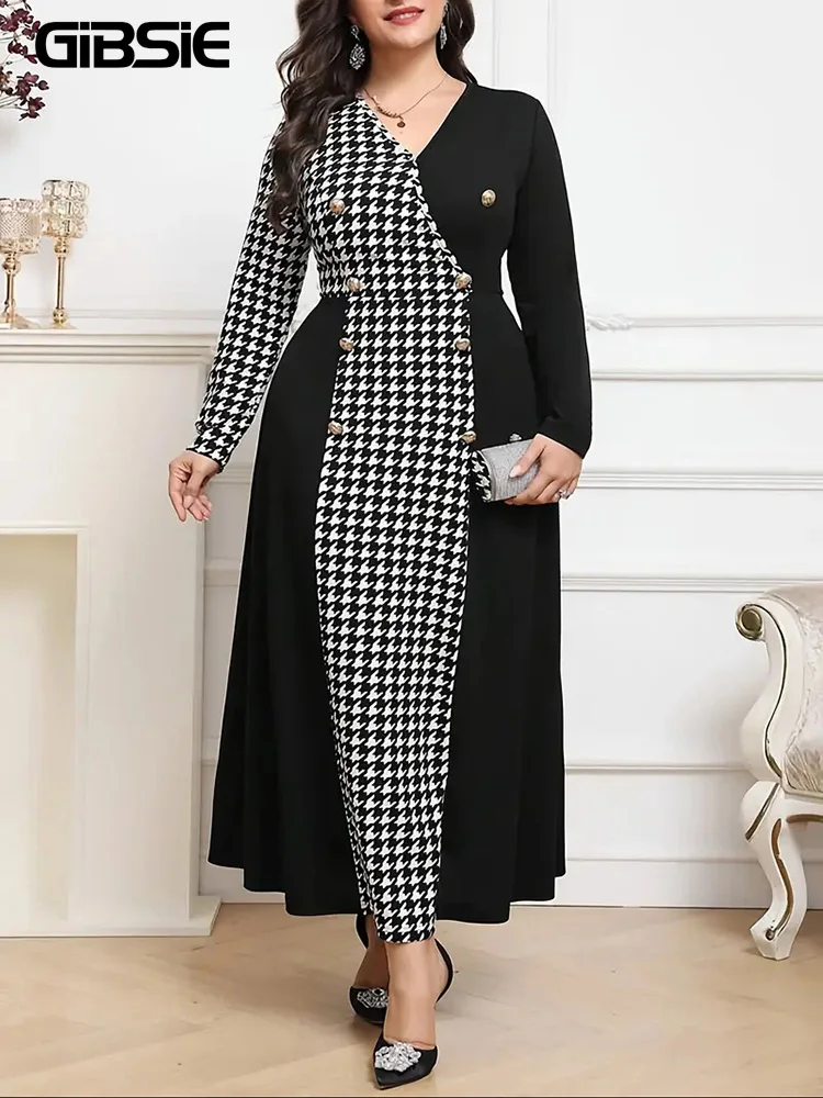 

GIBSIE Plus Size Double Breasted Houndstooth Print Dress Women 2025 Spring Fall V-Neck Long Sleeve Ladies Elegant Maxi Dresses
