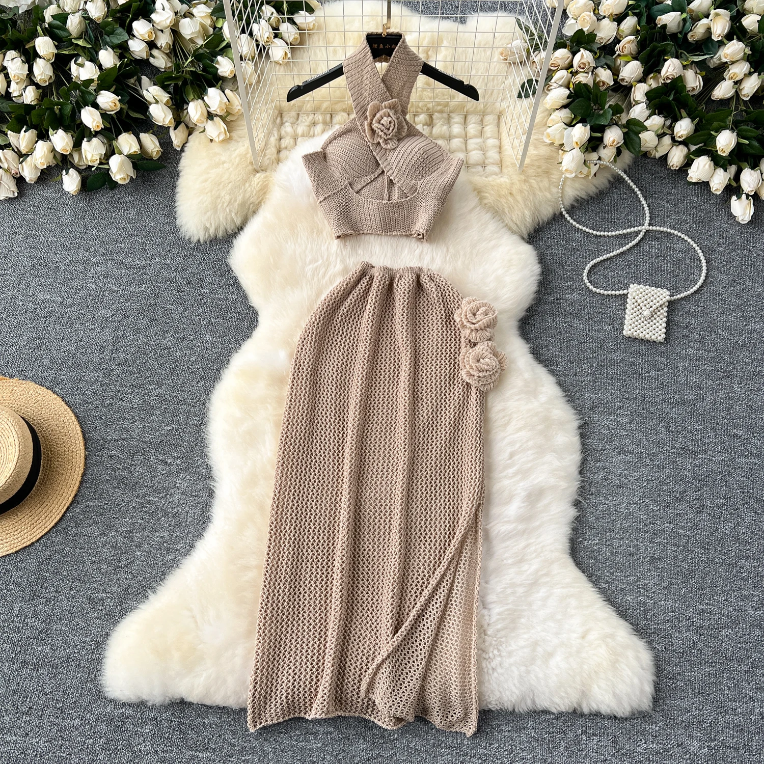 Vrouwelijke Zomer Halter Tropische Outfit Gebreide Holle 3D Bloem Sets Vrouwen Split Strand Vakantie Feestkostuums Dame Elegante 2 stuks Set