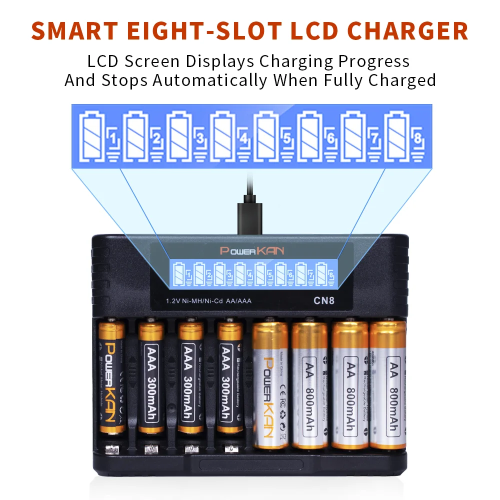 Ładowarka Powerkan CN8 + zestaw akumulatorów NiMH AA 800 mAh AAA 300 mAh do użytku domowego Szerokie zastosowanie Rodzina na zewnątrz 8 gniazd