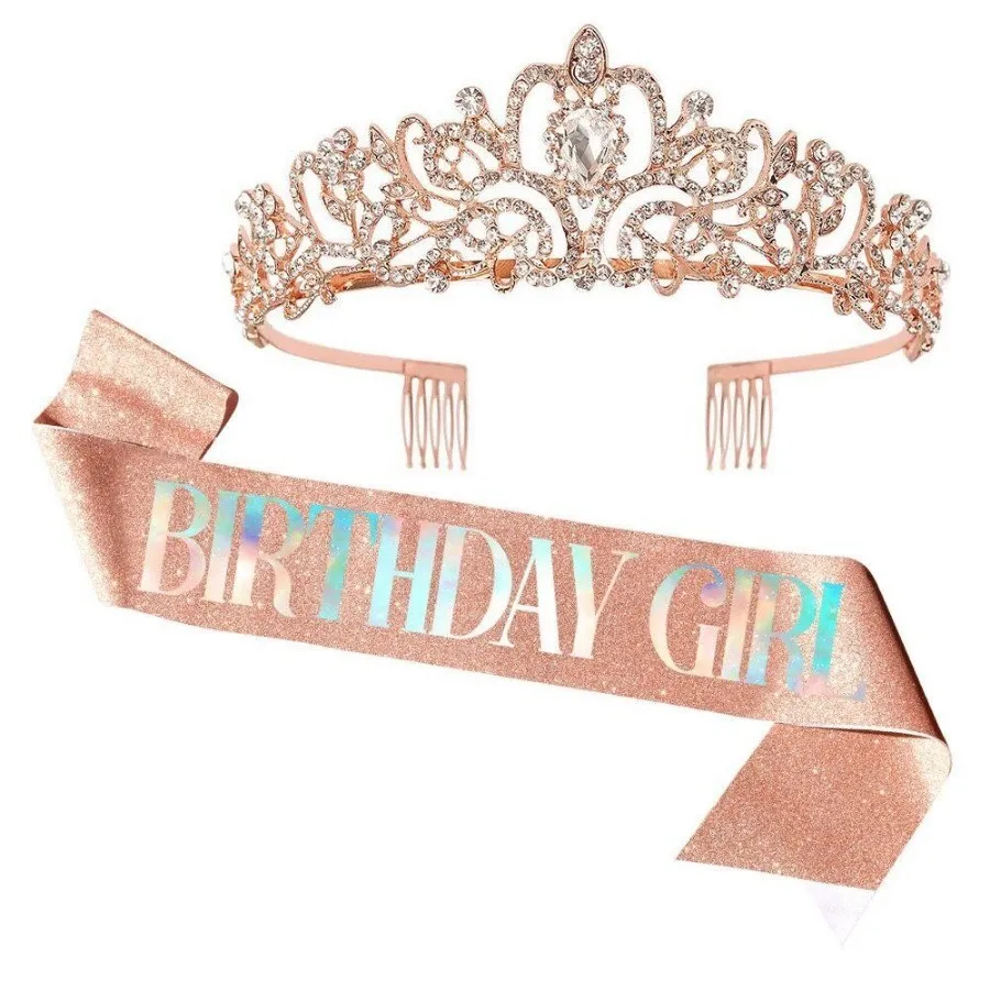 2-teiliges Set Glitzernde Strass-Kristall-Krone Tiara Geburtstagsmädchen Schärpe Krone für Frauen Mädchen Geburtstagsparty Dekorations-Set – Detail 6