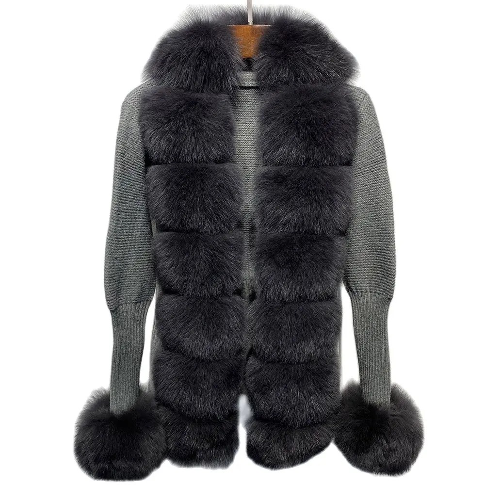 

2023 Autumn Winter Real Fox Fur Coat With Natural Fox Fur Trim Korea Women Cardigan Wool Knitted Sweater Jacket