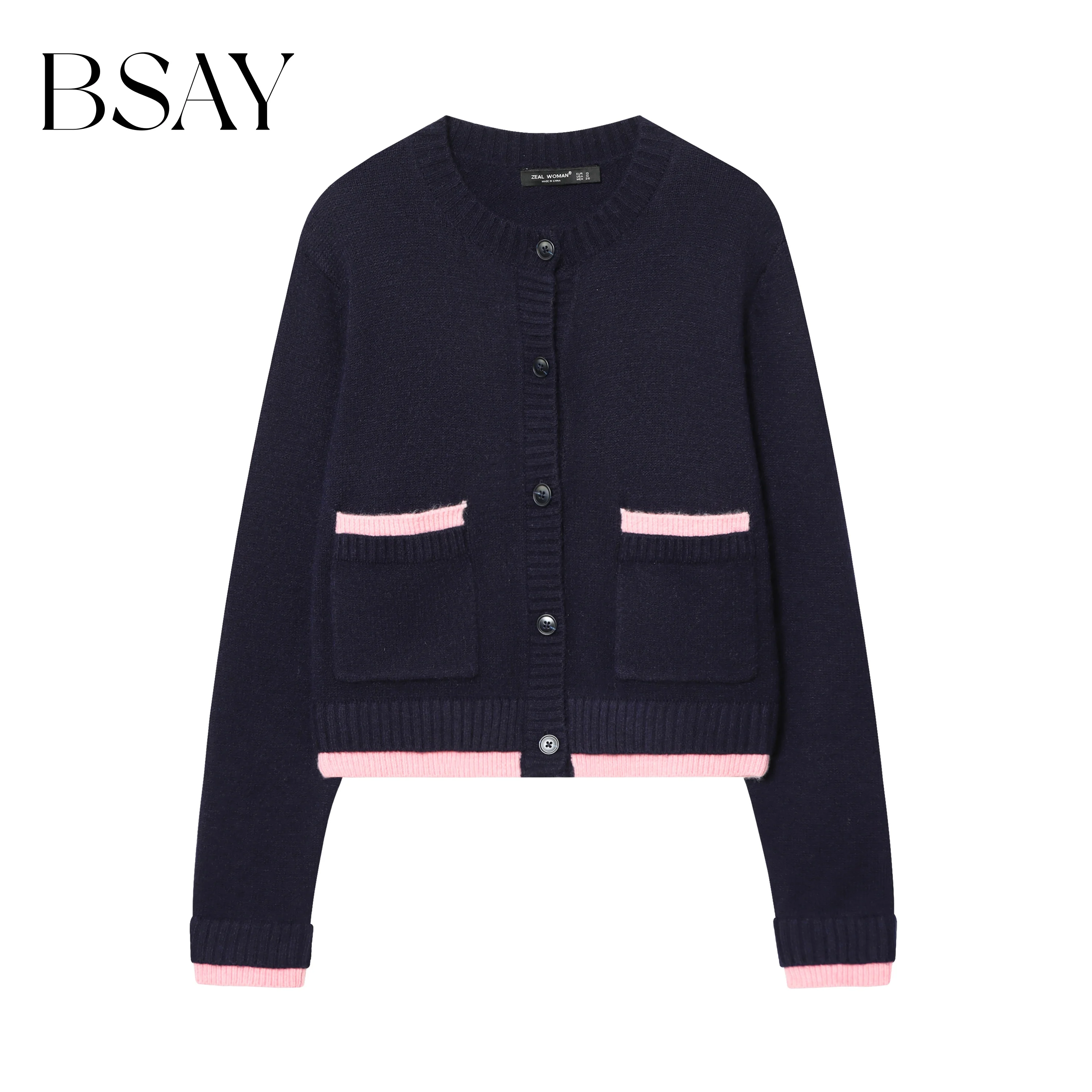 

BSAY Spring New 2026 Women's Color Blocked Long Sleeve Round Neck Knitted Jacket Sweater Sweet Short Cardigan Coat