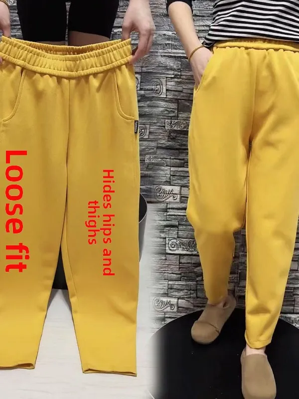 Cintura alta solta ajuste harlan calças femininas plus size casual perna reta nove peças calças de inverno sli calças quentes das senhoras