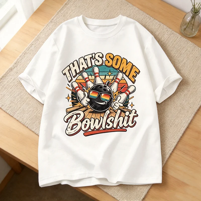 Vintage Bowling Graphic T Shirt for Men Retro Sunset Bowling Ball Print Short Sleeve Casual Cotton Tee Bowling Fan Gift Y2k Top