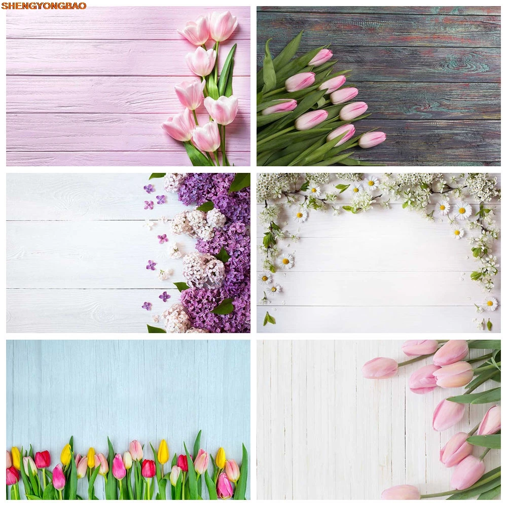 

Wooden Board Tulip Photography Backdrop Wooden Leaves Pink Rose Wallpaper Background Child Photo Studio Photocall