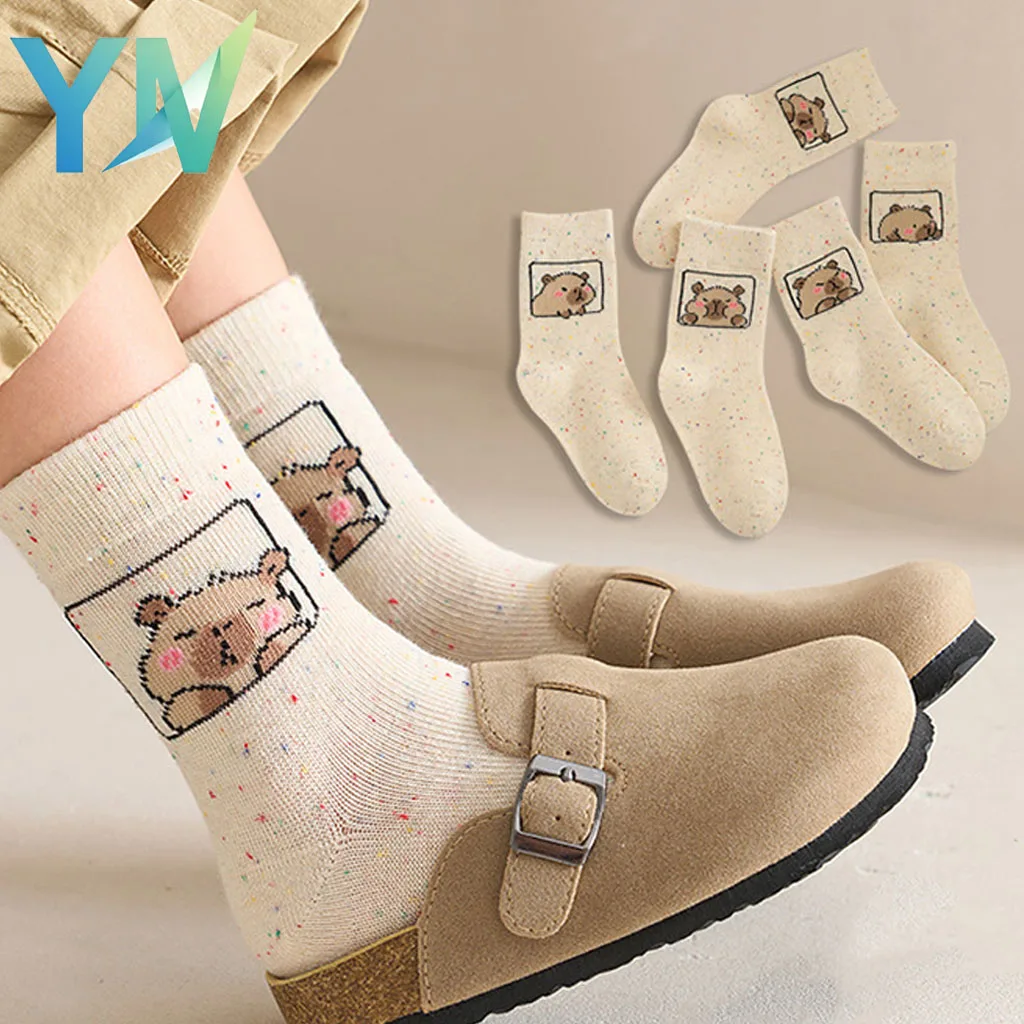 5-40Pairs Children Cartoon Capybara Socks Mid Calf Combed Cotton Cozy Warm for Toddler Boys Girls Classroom Casual Wear Autumn