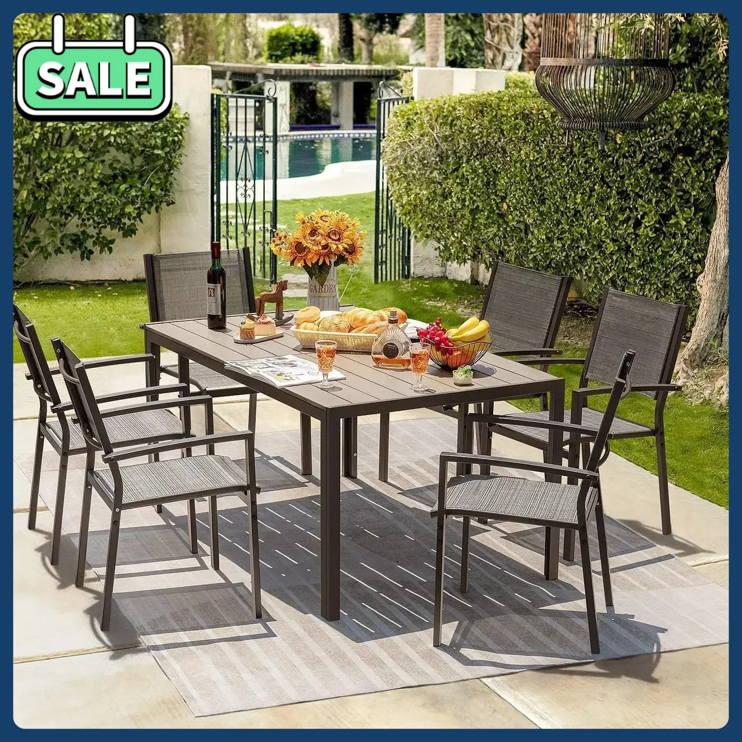 

БестселлерPatio Обеденный набор из 7 предметов, стол для уличной мебели и 6 текстильных стульев, светло-серый