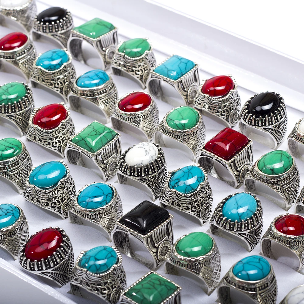 الجملة 30 قطعة/الوحدة خمر بوهيميا الهندسة الفيروز حجر خاتم للرجال النساء الاصبع العتيقة الفضة اللون مجوهرات هدايا الحفلات