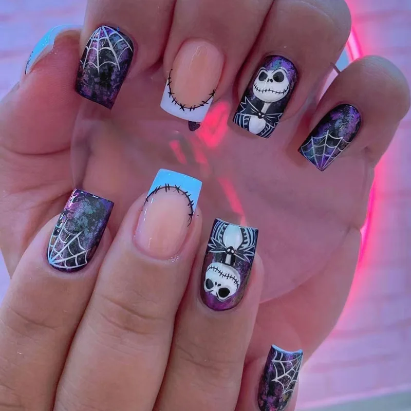 

24pcs Halloween Monster Press-On Nails - Smoky Spiderweb & Creature Designs (Medium-Long Ballet Shape Horror Party Style)