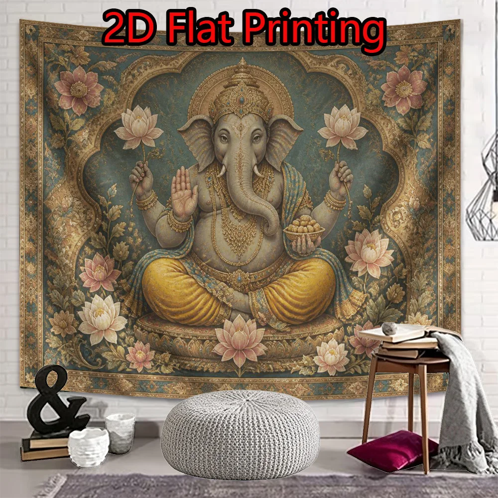 Ganesha Tapestry, Vintage Elephant God with Lotus Flowers, Hindu Religious Spiritual Wall Hanging for Bedroom Dorm Home Decor